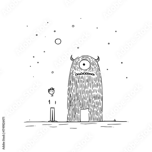 A small person stands next to a tall furry one eyed monster under a starry sky with a visible moon