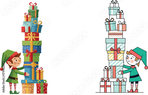 Flat vector cartoon elf with gift boxes illustration, festive holiday character design, colorful present stacking artwork, Christmas themed decorative concept