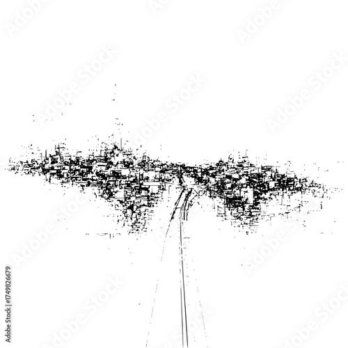 Abstract black and white cityscape with central road leading to a complex urban structure design