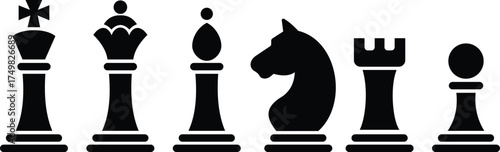 Black and white chess icons set, outline and solid collection of vector pieces, flat style group design including king, queen, bishop, knight, rook, pawn illustrations