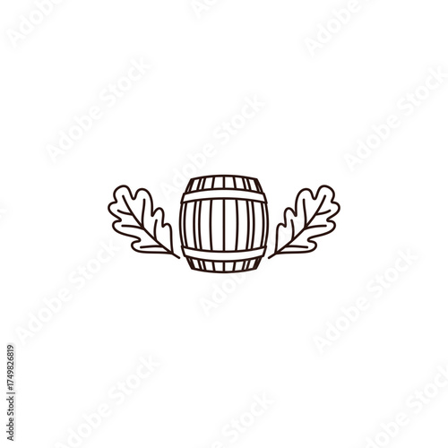 Simple brown line drawing of a barrel with two leaves on either side of it