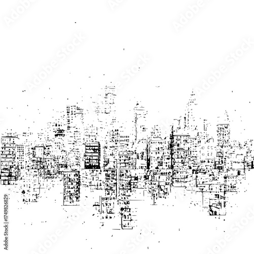 Illustration of a cityscape with tall buildings and a grunge effect in black and white monochrome style