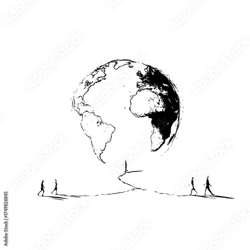Stylized earth globe hovering above a cracked path with silhouetted figures walking towards it
