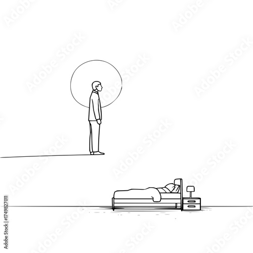 Man standing with a circle behind him looking down at a sleeping person in a bed with nightstand lamp