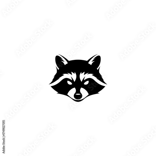 Stylized raccoon face in black silhouette against a white background, centered