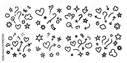 Collection of hand drawn doodle elements including stars hearts arrows question marks and clouds