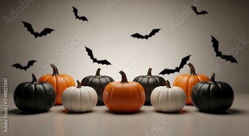 Wallpaper Mural Halloween arrangement with black, orange, and white pumpkins and bat silhouettes Torontodigital.ca