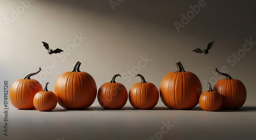 Wallpaper Mural Seven pumpkins of varying sizes with two bats against a gradient background Torontodigital.ca