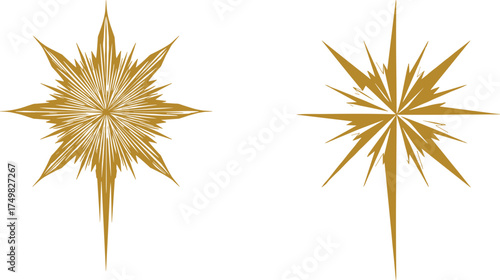 Flat vector abstract starburst illustration, golden symmetrical shape design, decorative geometric artwork, spiky sunburst pattern, modern minimal concept