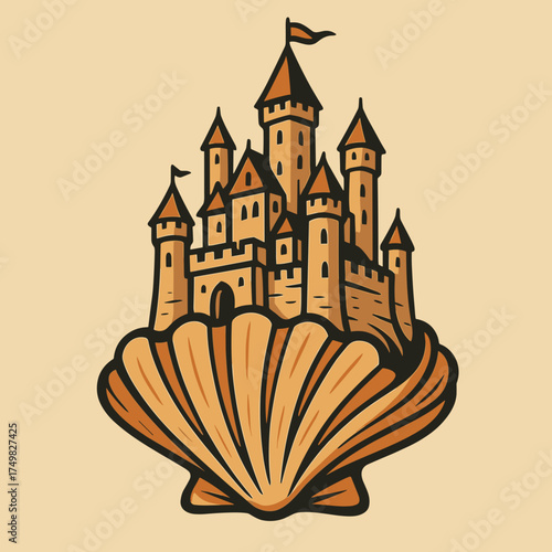 Castle nestled inside a giant seashell with a flag atop