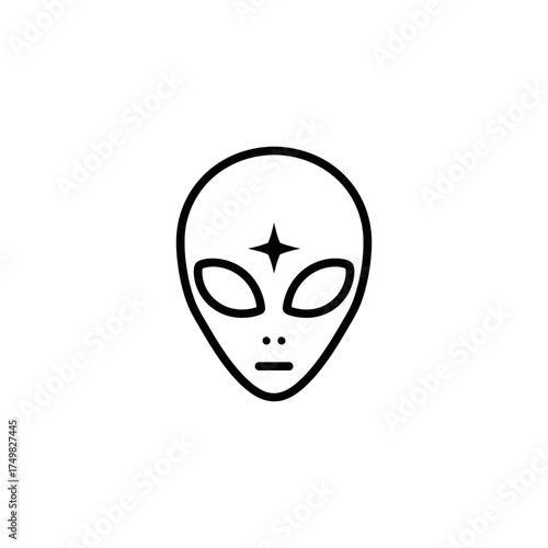 Black outlined alien head, minimalist drawing on white. Forehead star