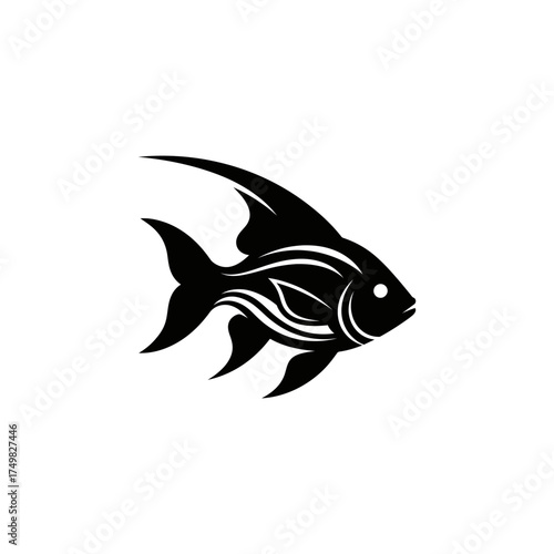 Stylized black fish silhouette with decorative white wave-like patterns