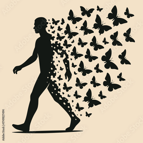 Silhouette of a man transforming into butterflies as he walks