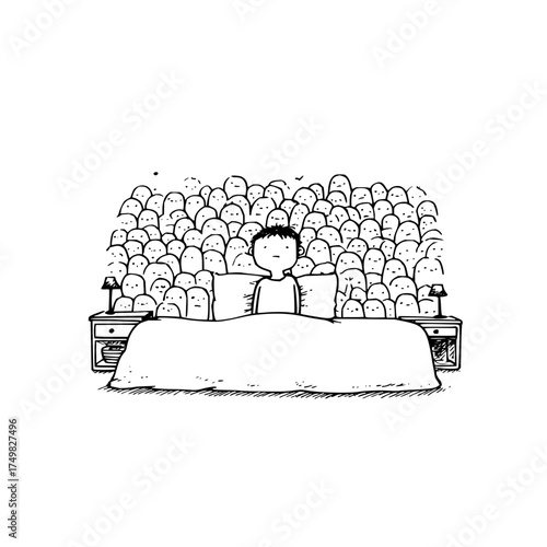 A person in bed surrounded by many small figures with faces and bedside tables with lamps on each side