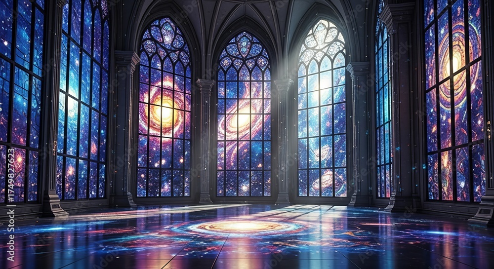 Fototapeta premium A grand hall with towering arched windows displaying vibrant galaxies, casting colorful light patterns on the floor, creating a celestial and aweinspiring atmosphere