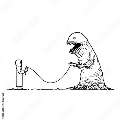 A hooded figure holding a spray can with a monster on a leash in a black and white illustration style