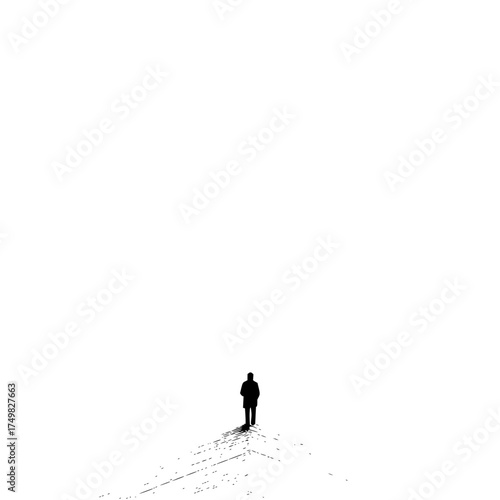 Silhouette of a lone figure standing on a textured surface against a stark white background in minimalist style