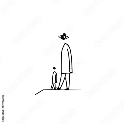 Stylized illustration of two figures one smaller than the other with an eye above the taller one