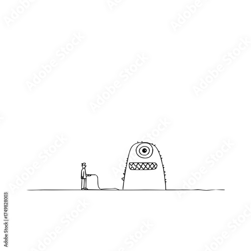 A simple drawing of a man holding a rope attached to a one eyed monster with sharp teeth in black and white