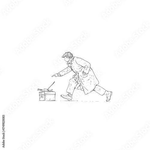 Man in coat reaching for a box with items on top in a sketched black and white drawing on white background