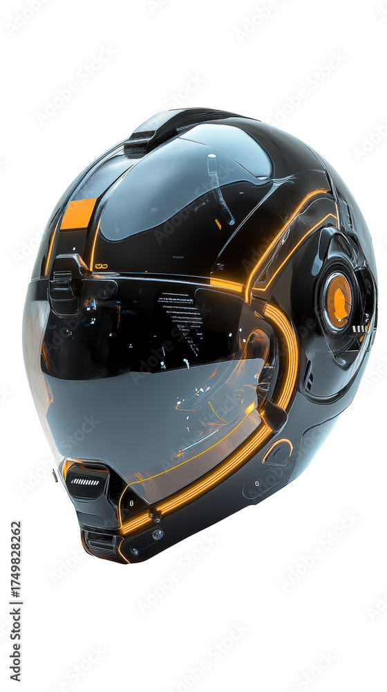 Fototapeta premium Futuristic black and orange sci-fi helmet with reflective visor.