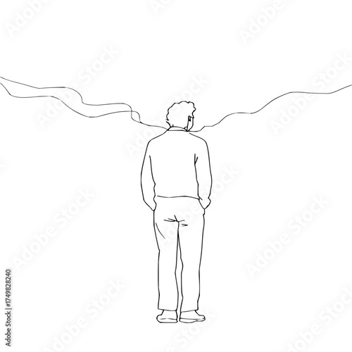 A person standing with their back facing the viewer listening to music with headphones and wavy lines above them