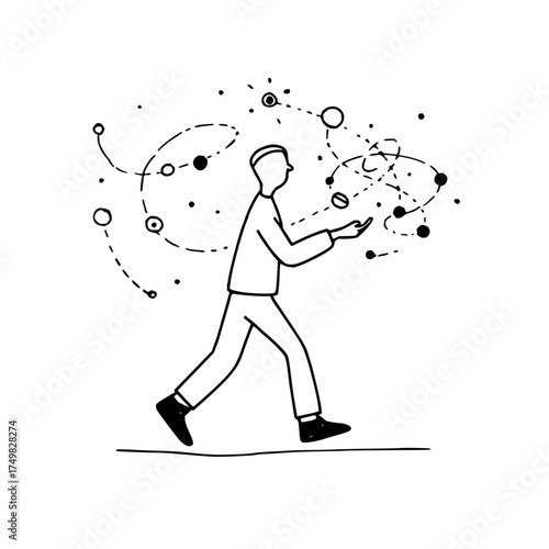 Doodle illustration of a man juggling multiple balls with dotted lines indicating movement and trajectory
