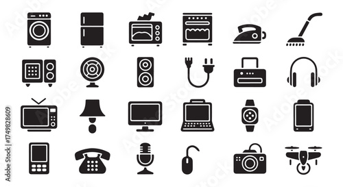 Home Appliances and Electronics Solid Icons Collection: Washing Machine Refrigerator Oven Microwave Iron Vacuum Speaker Fan TV Laptop Camera Drone