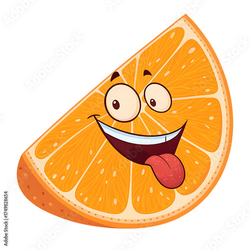 Funny orange slice with tongue out and silly cartoon expression fun food character