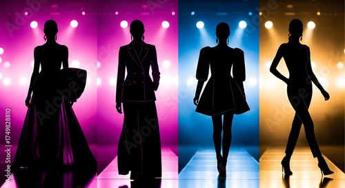 Four elegant female fashion models walk down a brightly lit runway in silhouette showcasing stylish haute couture designs under vibrant spotlights