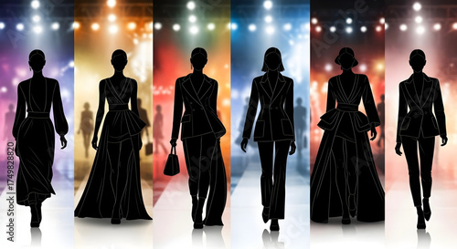 Diverse silhouettes of models showcasing elegant fashion on a vibrant runway with dramatic lighting during a high fashion show event