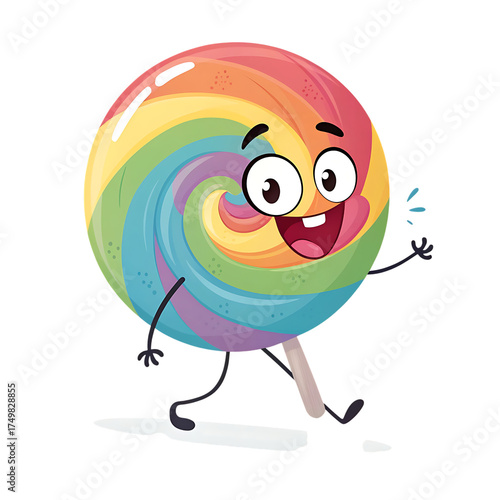 Whimsical rainbow swirl lollipop character waving joyfully with excited expression fun design