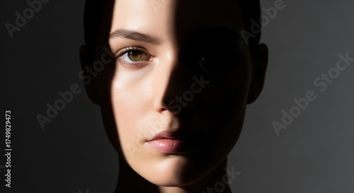 Dramatic Chiaroscuro Portrait: Woman's Face with Striking Light and Shadow Division
