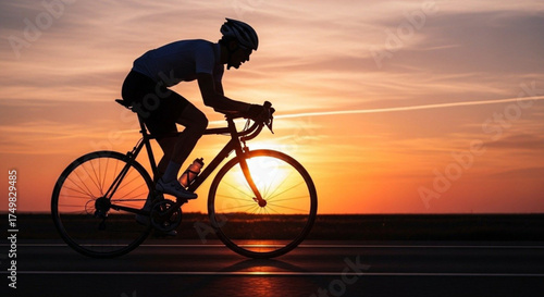 Silhouette of a cyclist riding a road bike against a vibrant orange sunset sky with rolling hills in the background