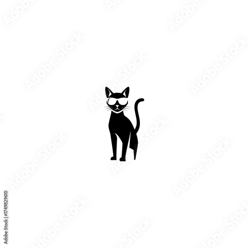 Black cat standing with sunglasses, tail up, silhouette on a white background