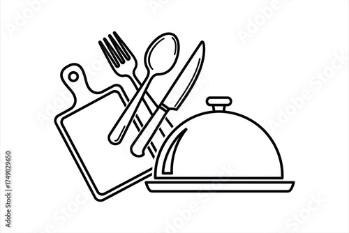 Black and white illustration of a cutting board with cutlery and a cloche knife fork
