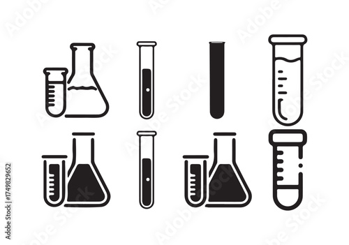 Chemical flask icon set.  equipment icons including beakers and test tubes. science experiments, education and medicine. vector illustration eps 10