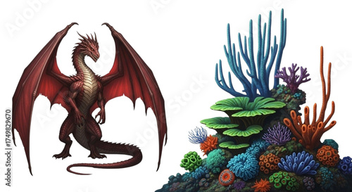 Majestic red dragon with large wings stands beside a vibrant underwater coral reef ecosystem with diverse marine life