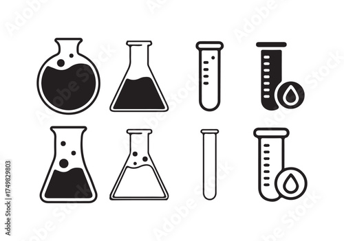 Chemical flask icon set.  equipment icons including beakers and test tubes. science experiments, education and medicine. vector illustration eps 10