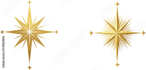 Flat vector golden starburst illustration, symmetrical spiky design, decorative abstract artwork, radiant geometric pattern, holiday themed celestial graphic concept
