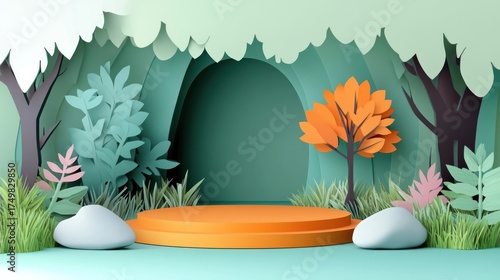 Fototapeta Naklejka Na Ścianę i Meble -  3D forest scene with orange platform for product display, light green background