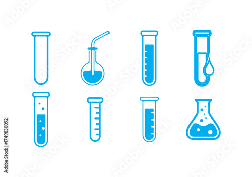 Chemical flask icon set.  equipment icons including beakers and test tubes. science experiments, education and medicine. vector illustration eps 10