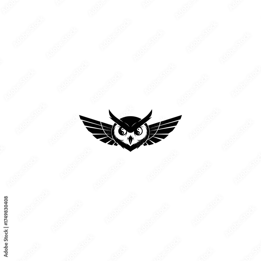 Obraz premium Black owl with wings, two yin yang symbols in eyes, centered on white background