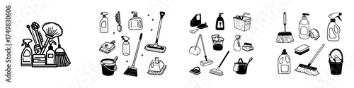 Hand drawn icons of various cleaning supplies and housekeeping tools