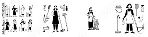 Collection of female cleaning staff with various household maintenance tools