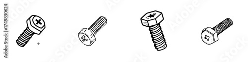 Set of various black and white hardware screws and bolts icons