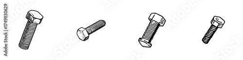 Four hexagonal head bolts with threaded shafts in sketch style drawing