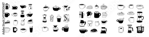 Set of hand drawn coffee and beverage icons featuring brewing equipment and sweets