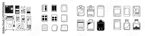 Hand drawn medical and laboratory equipment icons set