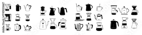 Hand-drawn coffee brewing equipment and various kettles for manual preparation